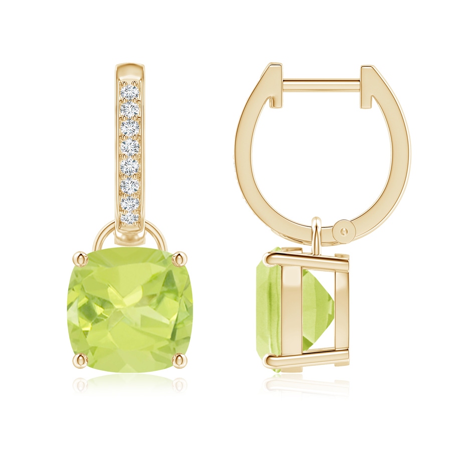 8mm A Cushion Peridot Drop Earrings with Diamond Accents in Yellow Gold 