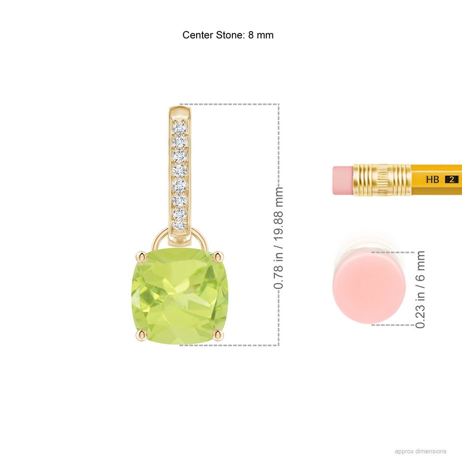 8mm A Cushion Peridot Drop Earrings with Diamond Accents in Yellow Gold ruler