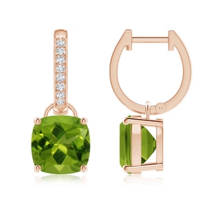 8mm AAAA Cushion Peridot Drop Earrings with Diamond Accents in Rose Gold