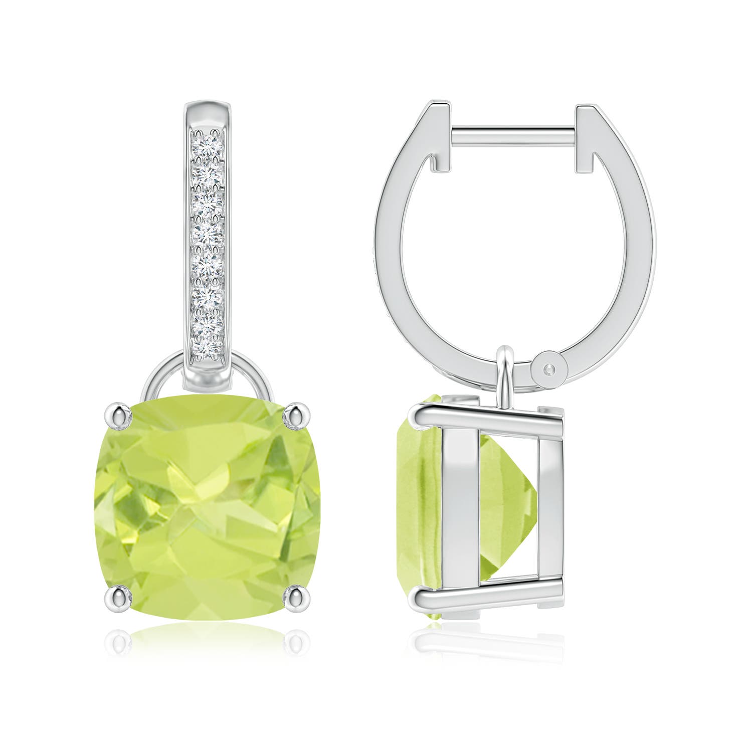 9mm A Cushion Peridot Drop Earrings with Diamond Accents in P950 Platinum