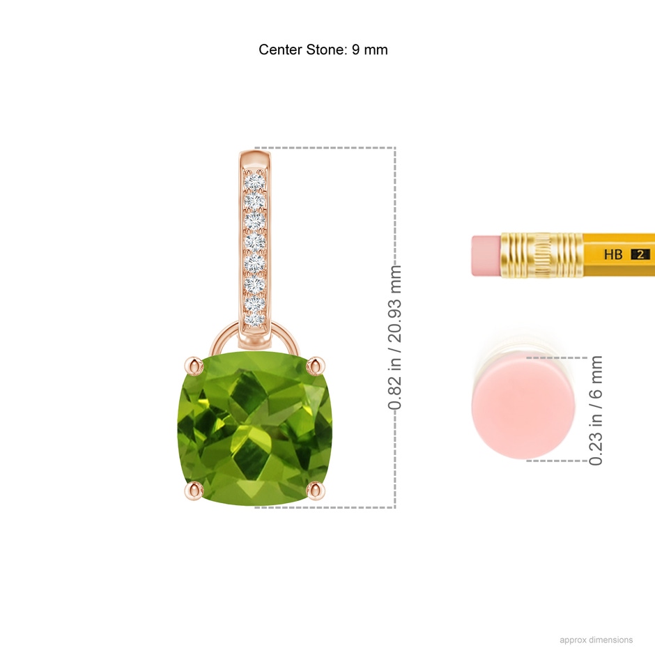 9mm AAAA Cushion Peridot Drop Earrings with Diamond Accents in Rose Gold ruler