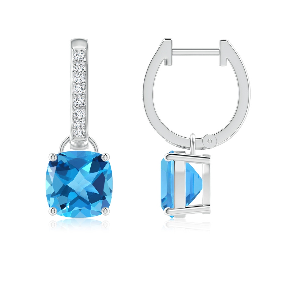 7mm AAA Cushion Swiss Blue Topaz Drop Earrings with Diamond Accents in White Gold 