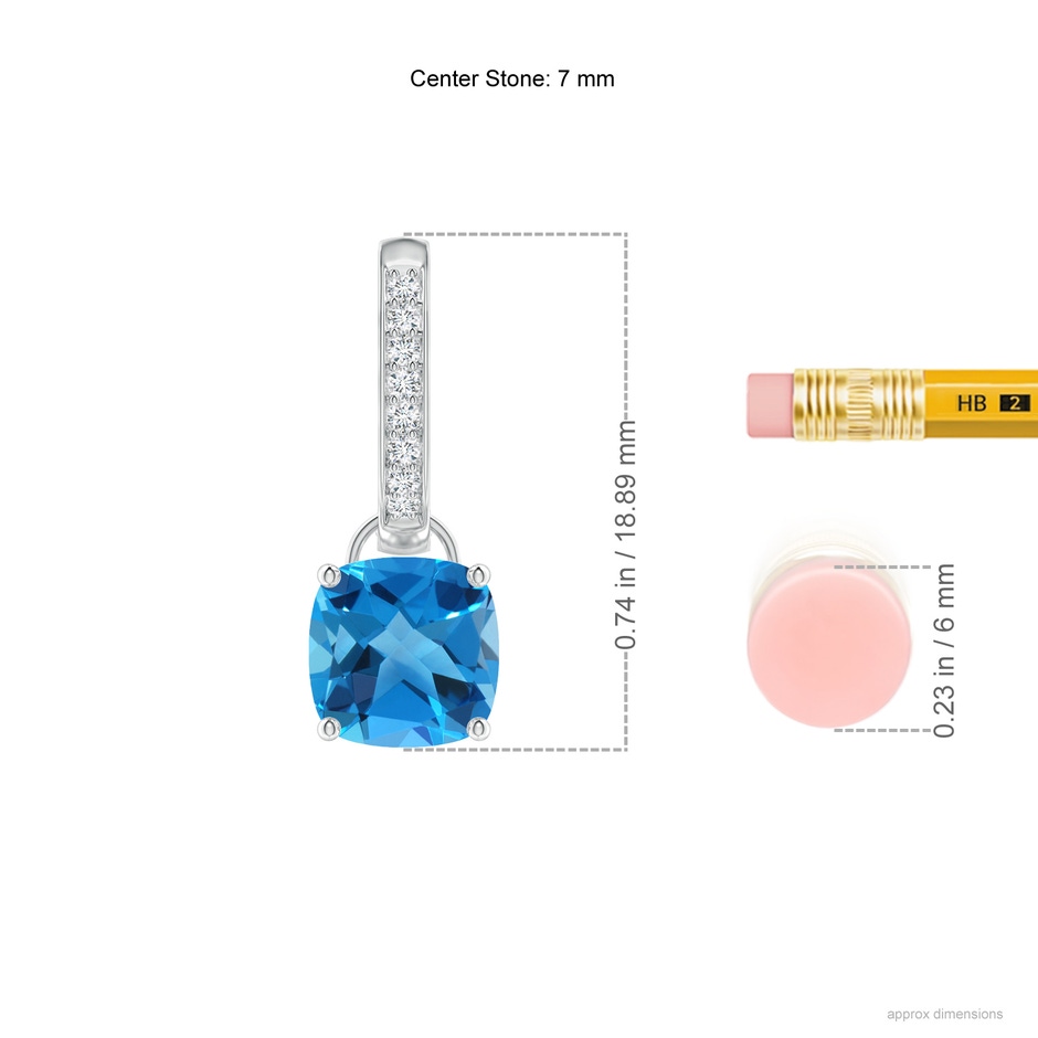7mm AAAA Cushion Swiss Blue Topaz Drop Earrings with Diamond Accents in P950 Platinum ruler