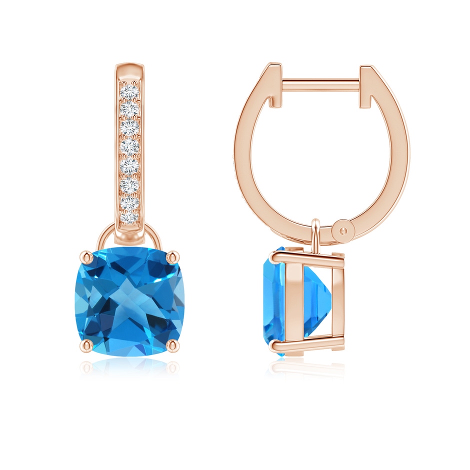 7mm AAAA Cushion Swiss Blue Topaz Drop Earrings with Diamond Accents in Rose Gold 