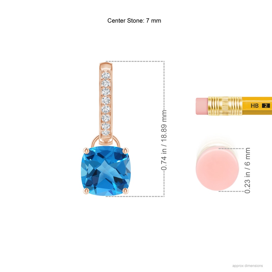 7mm AAAA Cushion Swiss Blue Topaz Drop Earrings with Diamond Accents in Rose Gold ruler