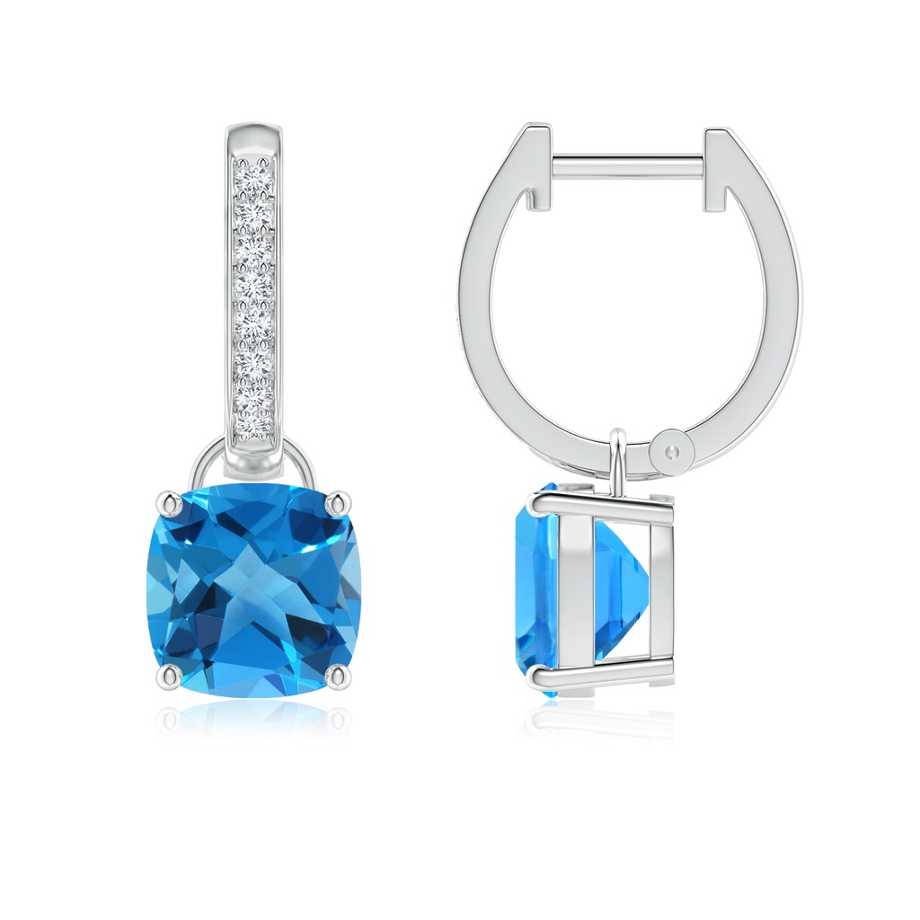 7mm AAAA Cushion Swiss Blue Topaz Drop Earrings with Diamond Accents in White Gold