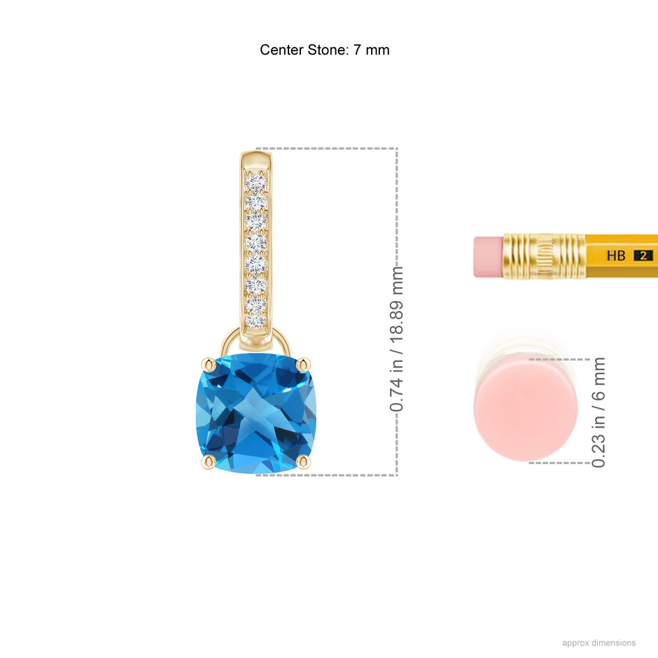 7mm AAAA Cushion Swiss Blue Topaz Drop Earrings with Diamond Accents in Yellow Gold ruler