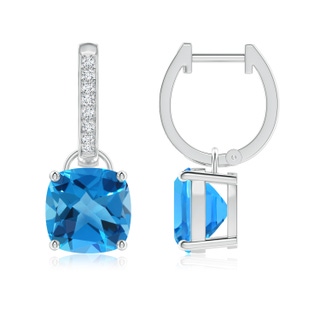 8mm AAAA Cushion Swiss Blue Topaz Drop Earrings with Diamond Accents in P950 Platinum