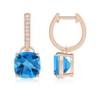 8mm AAAA Cushion Swiss Blue Topaz Drop Earrings with Diamond Accents in Rose Gold
