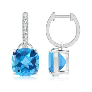 9mm AAA Cushion Swiss Blue Topaz Drop Earrings with Diamond Accents in White Gold