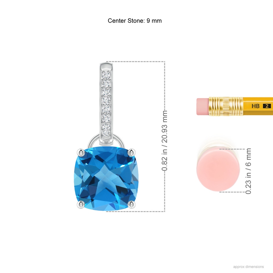 9mm AAAA Cushion Swiss Blue Topaz Drop Earrings with Diamond Accents in P950 Platinum ruler