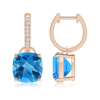 9mm AAAA Cushion Swiss Blue Topaz Drop Earrings with Diamond Accents in Rose Gold