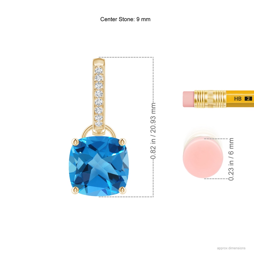 9mm AAAA Cushion Swiss Blue Topaz Drop Earrings with Diamond Accents in Yellow Gold Ruler