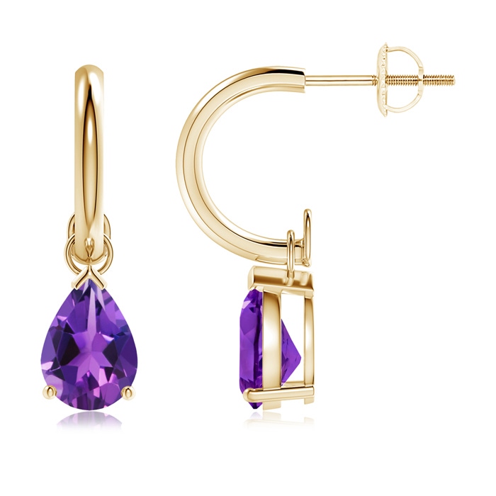 8x6mm AAAA Pear-Shaped Amethyst Drop Earrings with Screw Back in Yellow Gold