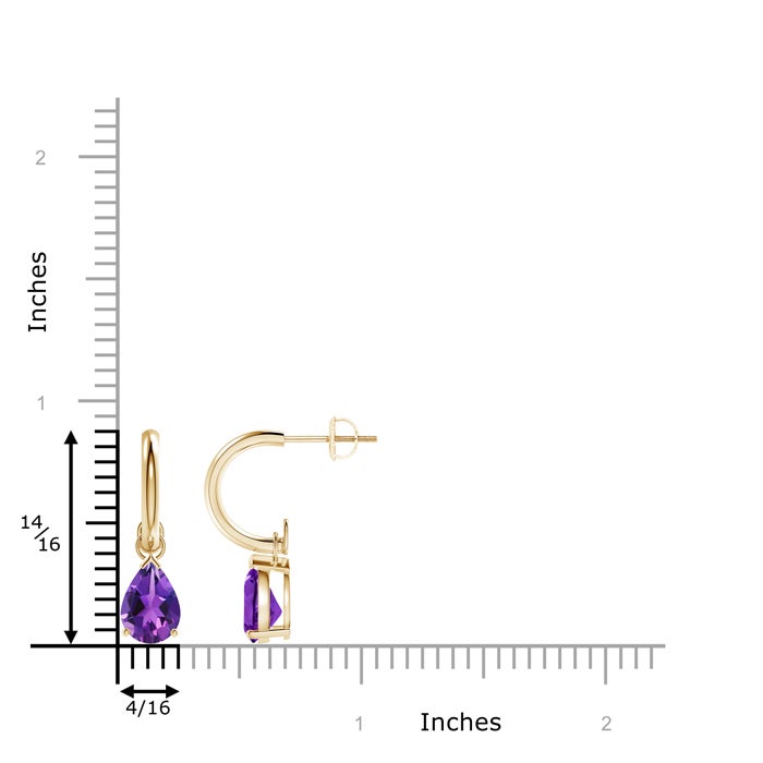 8x6mm AAAA Pear-Shaped Amethyst Drop Earrings with Screw Back in Yellow Gold - ruler