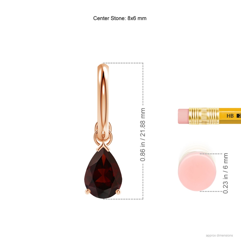 8x6mm A Pear-Shaped Garnet Drop Earrings with Screw Back in Rose Gold ruler