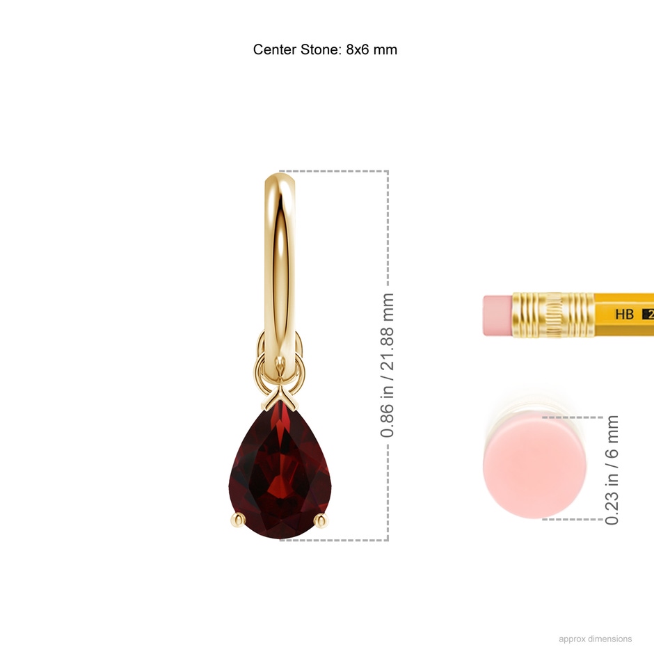 8x6mm AA Pear-Shaped Garnet Drop Earrings with Screw Back in Yellow Gold ruler