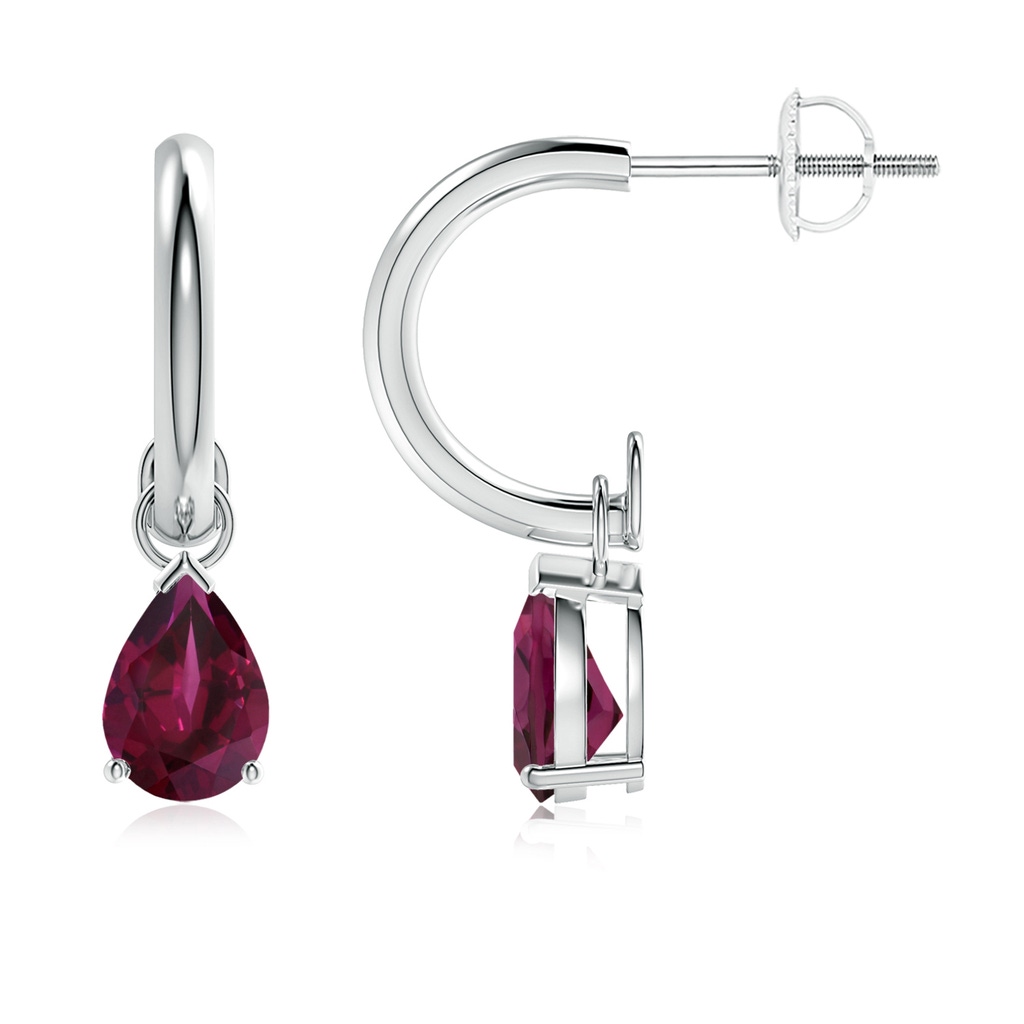 7x5mm AAA Pear-Shaped Rhodolite Drop Earrings with Screw Back in White Gold