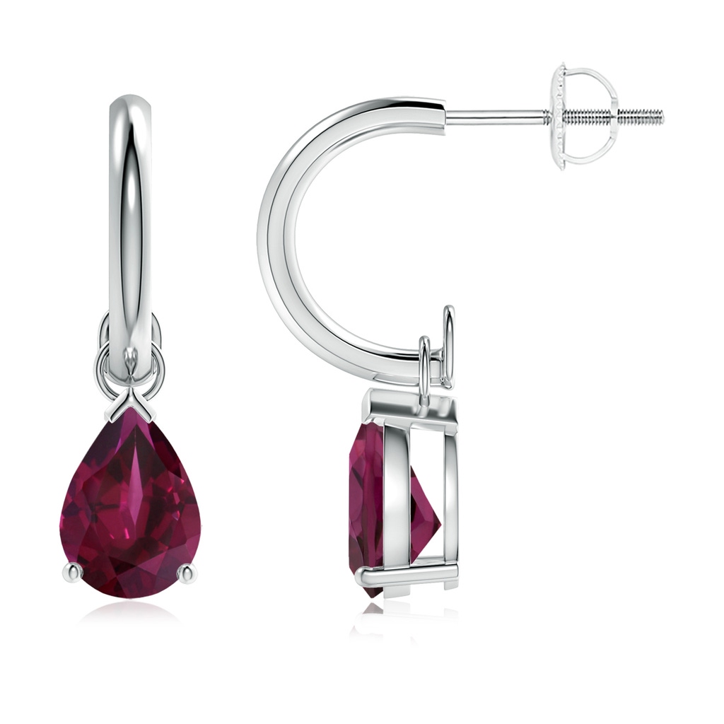 8x6mm AAA Pear-Shaped Rhodolite Drop Earrings with Screw Back in White Gold