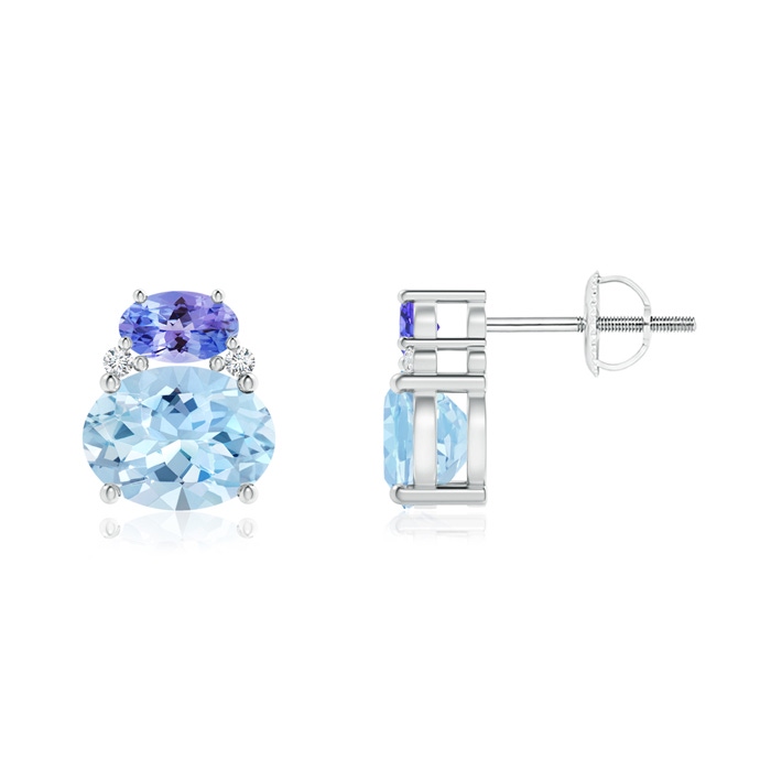 8x6mm AAA Oval Aquamarine and Tanzanite Stud Earrings with Diamonds in White Gold 