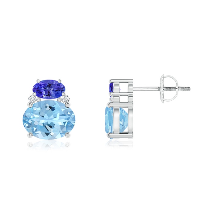 8x6mm AAAA Oval Aquamarine and Tanzanite Stud Earrings with Diamonds in P950 Platinum