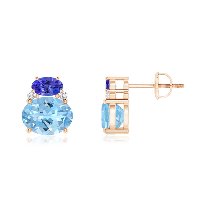 8x6mm AAAA Oval Aquamarine and Tanzanite Stud Earrings with Diamonds in Rose Gold