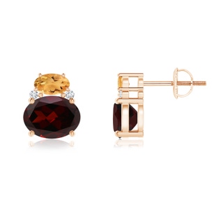 8x6mm A Oval Garnet and Citrine Stud Earrings with Diamonds in Rose Gold