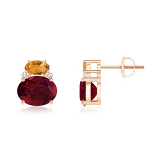 8x6mm AA Oval Garnet and Citrine Stud Earrings with Diamonds in 9K Rose Gold