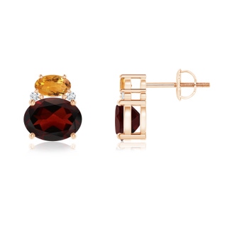 8x6mm AA Oval Garnet and Citrine Stud Earrings with Diamonds in Rose Gold