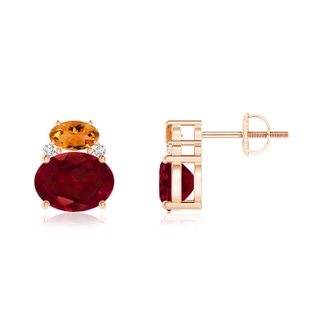 8x6mm AAA Oval Garnet and Citrine Stud Earrings with Diamonds in 9K Rose Gold