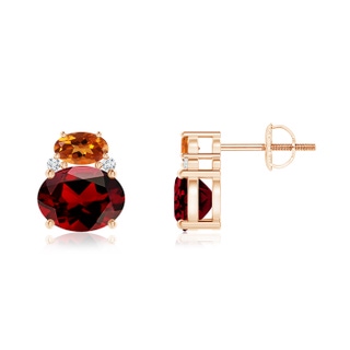 8x6mm AAAA Oval Garnet and Citrine Stud Earrings with Diamonds in 9K Rose Gold