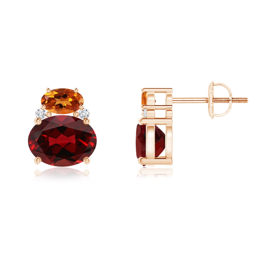 8x6mm AAAA Oval Garnet and Citrine Stud Earrings with Diamonds in Rose Gold