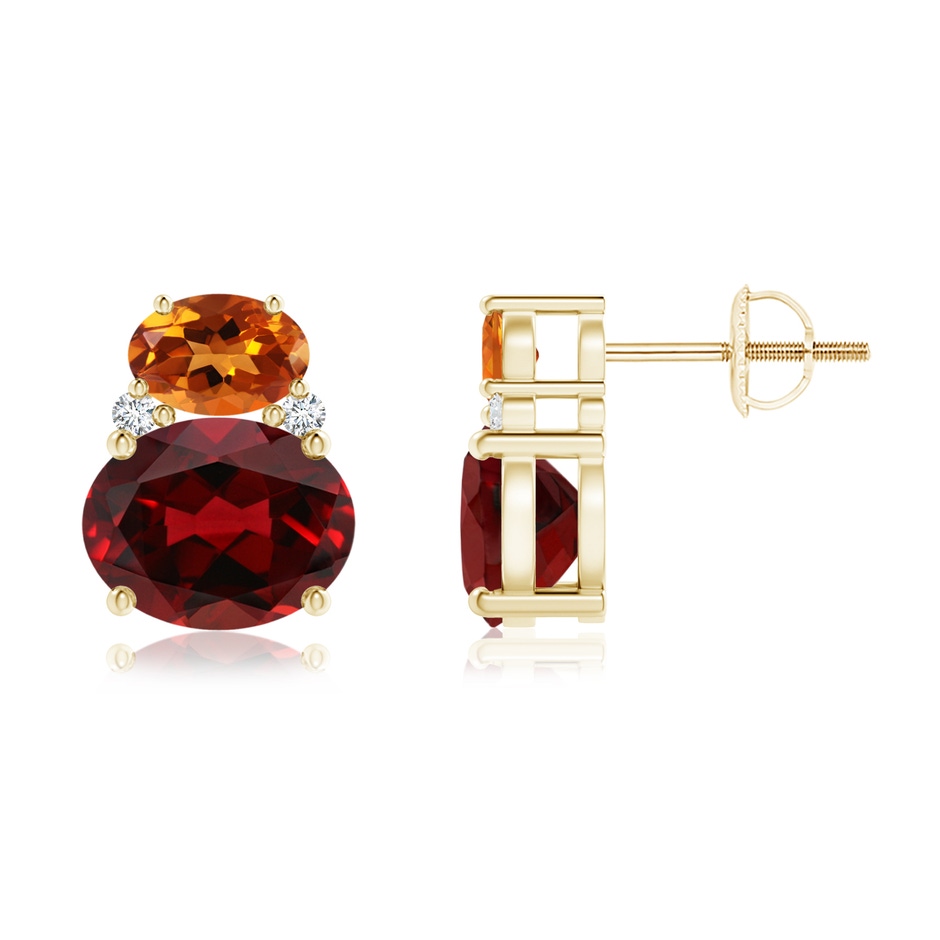 9x7mm AAAA Oval Garnet and Citrine Stud Earrings with Diamonds in Yellow Gold 