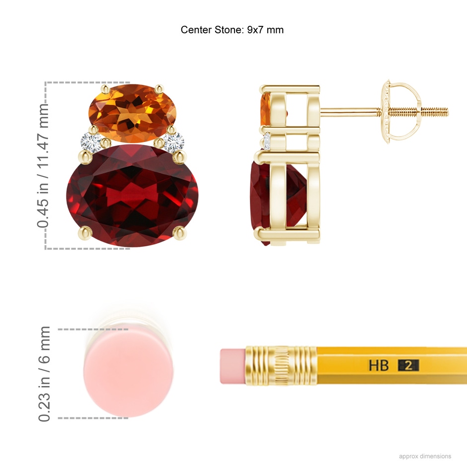 9x7mm AAAA Oval Garnet and Citrine Stud Earrings with Diamonds in Yellow Gold product image