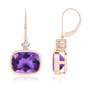 10x8mm AAA Cushion Amethyst and Diamond Leverback Dangle Earrings in Rose Gold