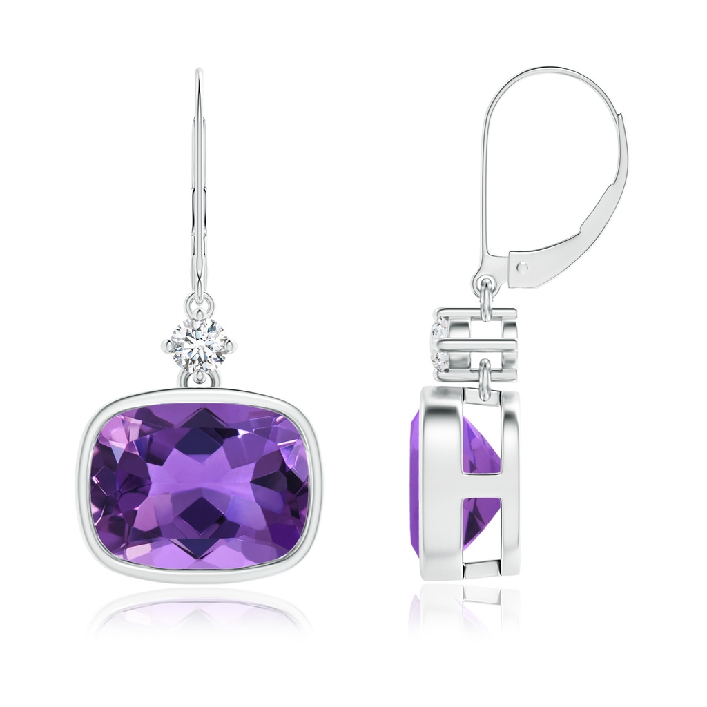 10x8mm AAA Cushion Amethyst and Diamond Leverback Dangle Earrings in White Gold