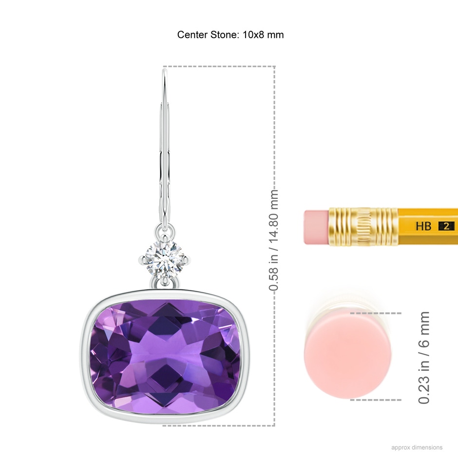 10x8mm AAA Cushion Amethyst and Diamond Leverback Dangle Earrings in White Gold product image