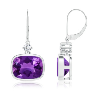 10x8mm AAAA Cushion Amethyst and Diamond Leverback Dangle Earrings in P950 Platinum