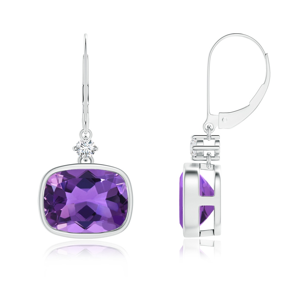 9x7mm AAA Cushion Amethyst and Diamond Leverback Dangle Earrings in White Gold