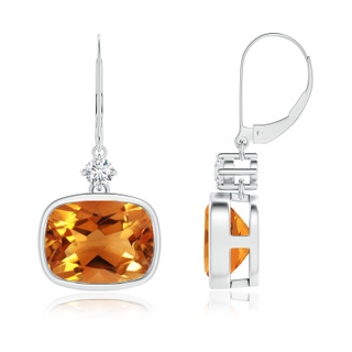 10x8mm AAA Cushion Citrine and Diamond Leverback Dangle Earrings in White Gold