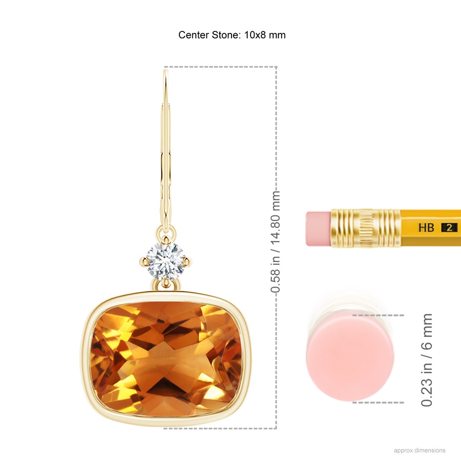 10x8mm AAA Cushion Citrine and Diamond Leverback Dangle Earrings in Yellow Gold product image