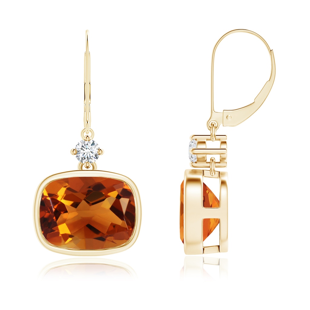 10x8mm AAAA Cushion Citrine and Diamond Leverback Dangle Earrings in Yellow Gold