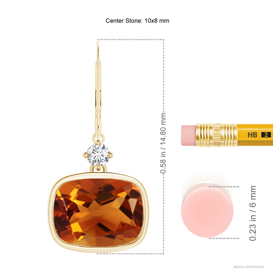 10x8mm AAAA Cushion Citrine and Diamond Leverback Dangle Earrings in Yellow Gold product image