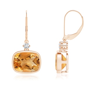 9x7mm A Cushion Citrine and Diamond Leverback Dangle Earrings in 9K Rose Gold