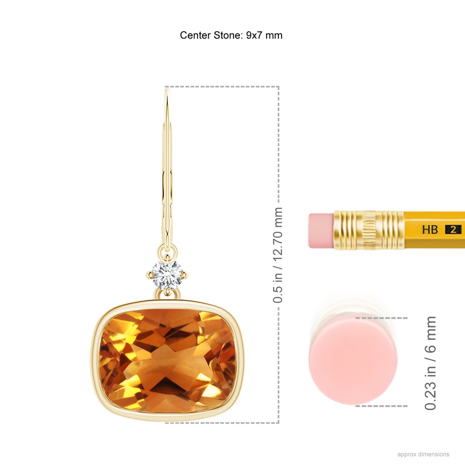 9x7mm AAA Cushion Citrine and Diamond Leverback Dangle Earrings in Yellow Gold product image