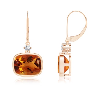 9x7mm AAAA Cushion Citrine and Diamond Leverback Dangle Earrings in Rose Gold