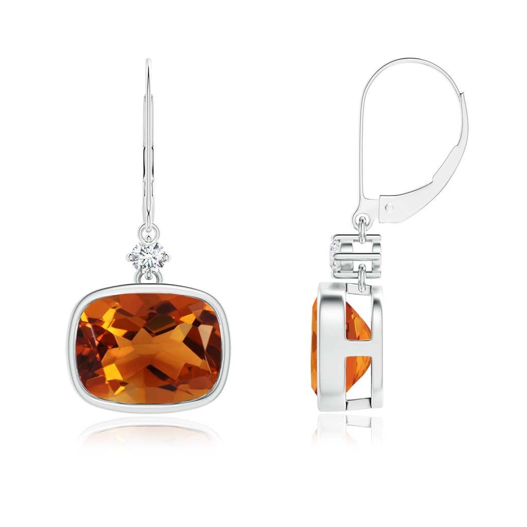 9x7mm AAAA Cushion Citrine and Diamond Leverback Dangle Earrings in White Gold