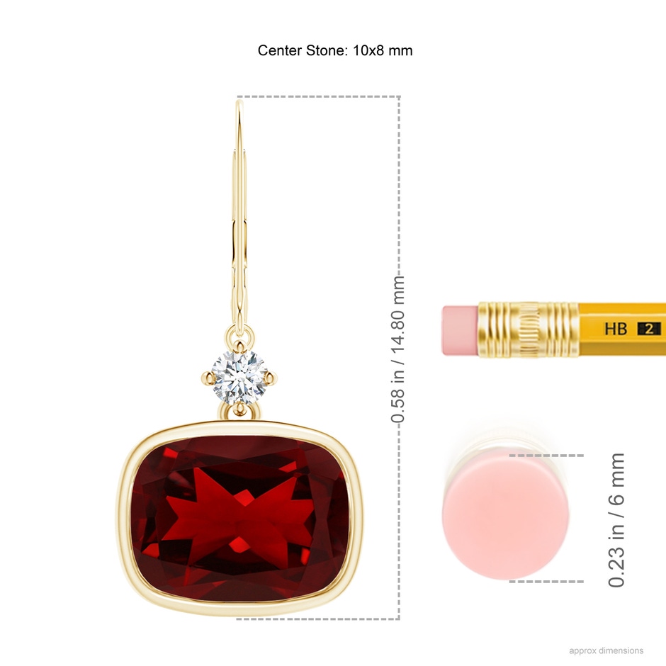 10x8mm AAAA Cushion Garnet and Diamond Leverback Dangle Earrings in Yellow Gold ruler