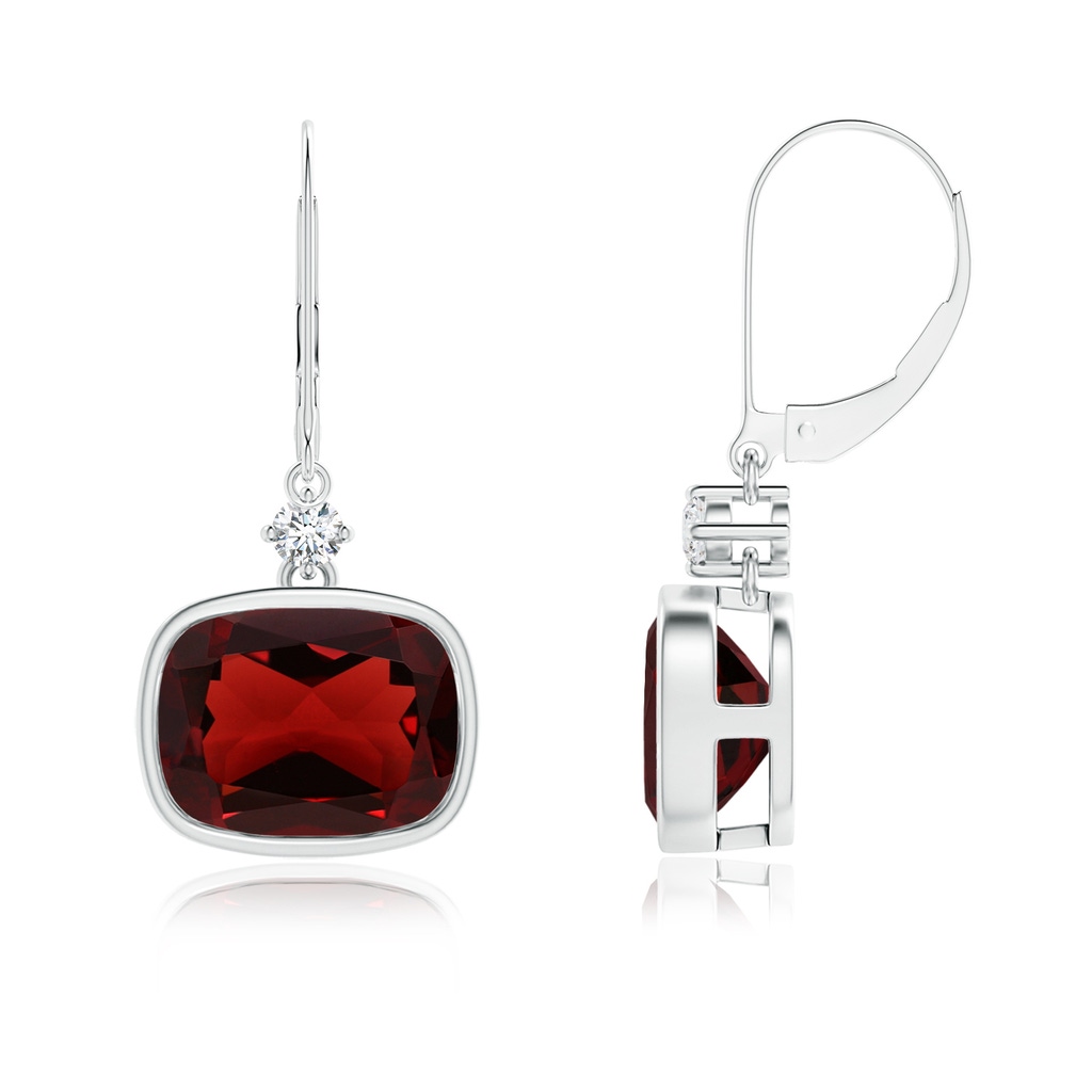 9x7mm AAA Cushion Garnet and Diamond Leverback Dangle Earrings in White Gold