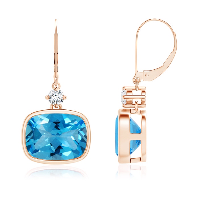 10x8mm AAAA Cushion Swiss Blue Topaz and Diamond Dangle Earrings in 9K Rose Gold